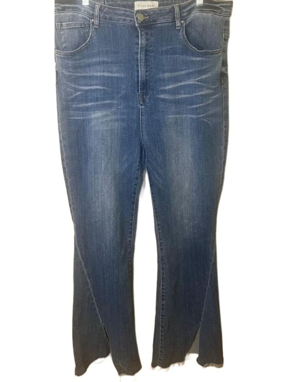 RISEN JEANS 3XL High Rise Split Flare Raw Frayed Stretch Denim Plus Size